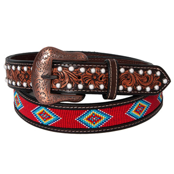 BAR H EQUINE Red Beaded White Crystal Floral Hand Carved Western Men And Women Belt Brown
